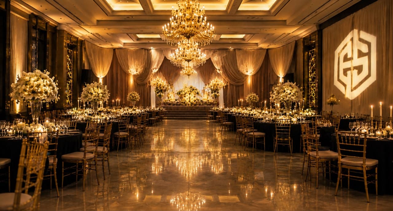 A ballroom set for a gala dinner — crystal chandeliers, draped walls, white floral centrepieces and gold chiavari chairs, with the Event Squad monogram projected on the wall